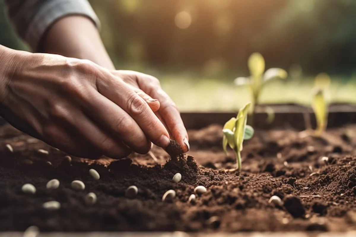 Close up planting seeds in garden soil