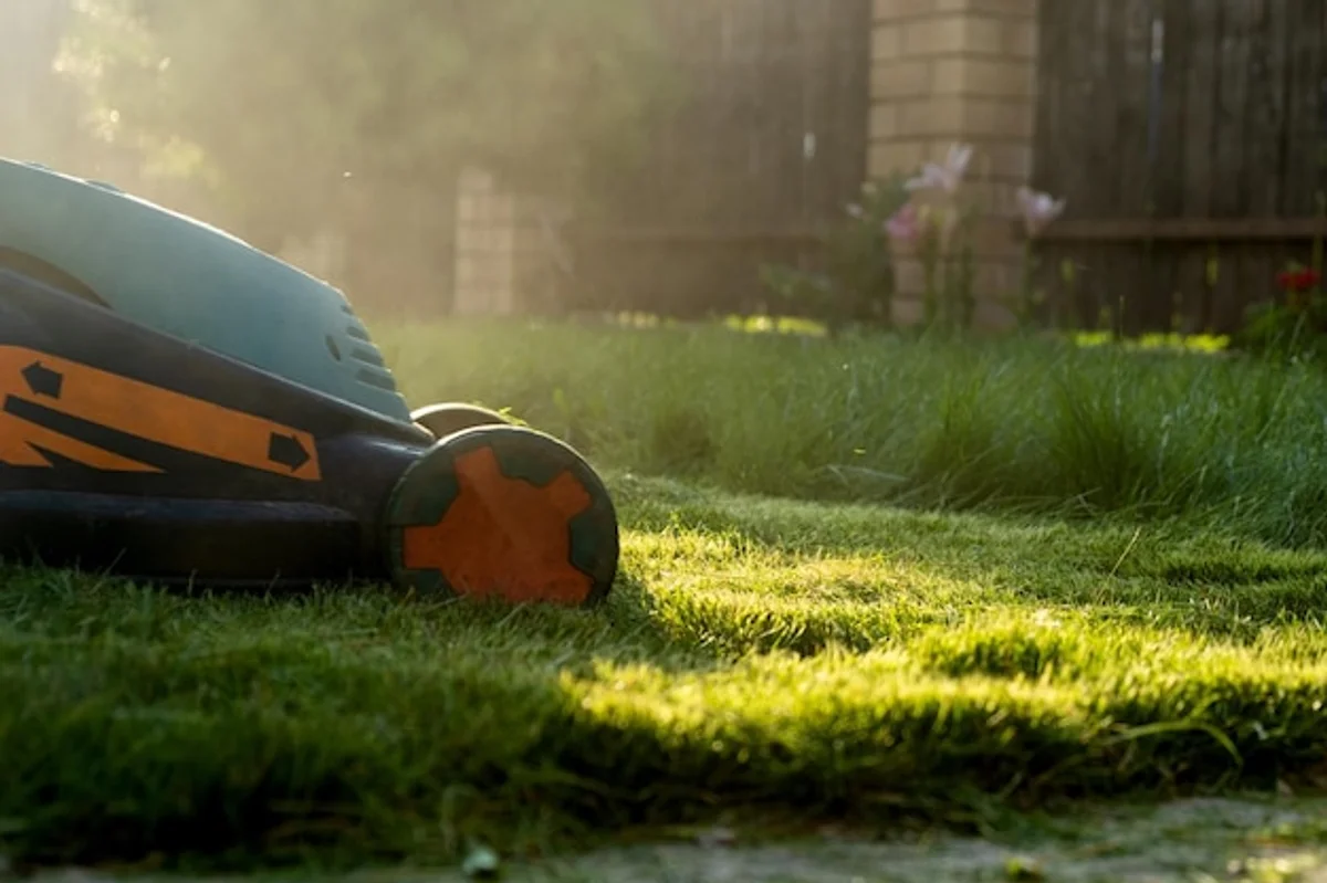 senior lawn robot mower close up sunny backyard