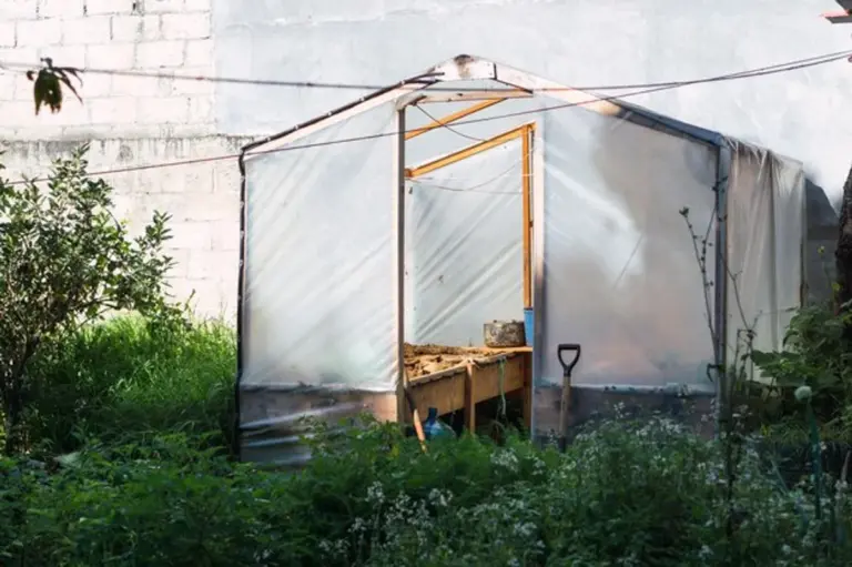 homemade mini greenhouse with recycled plastic garden sheet