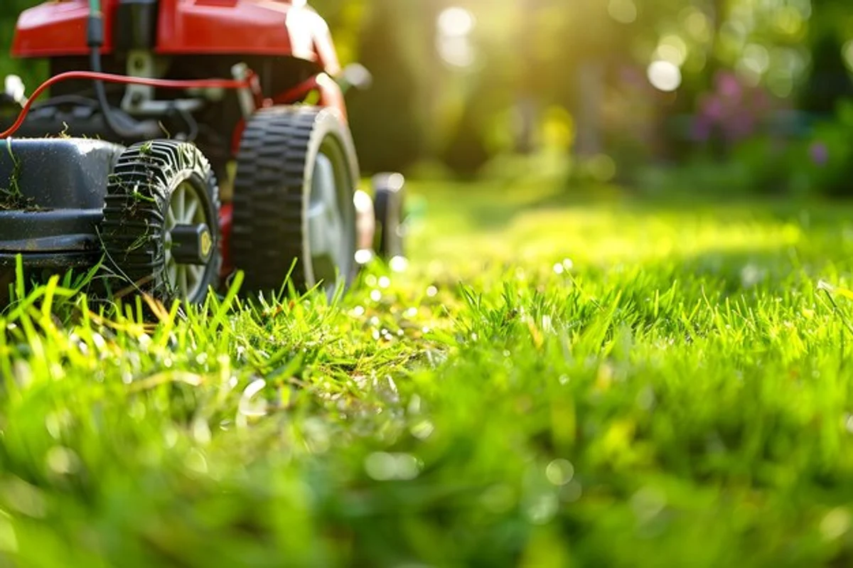 close up healthy green lawn mowing in sunlight