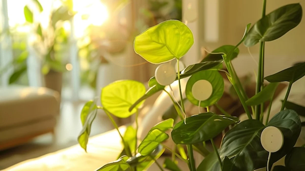 close-up healthy fern with green and yellow leaves in bright living room