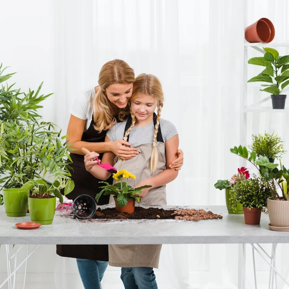hands sprinkling coffee grounds on indoor fern plant