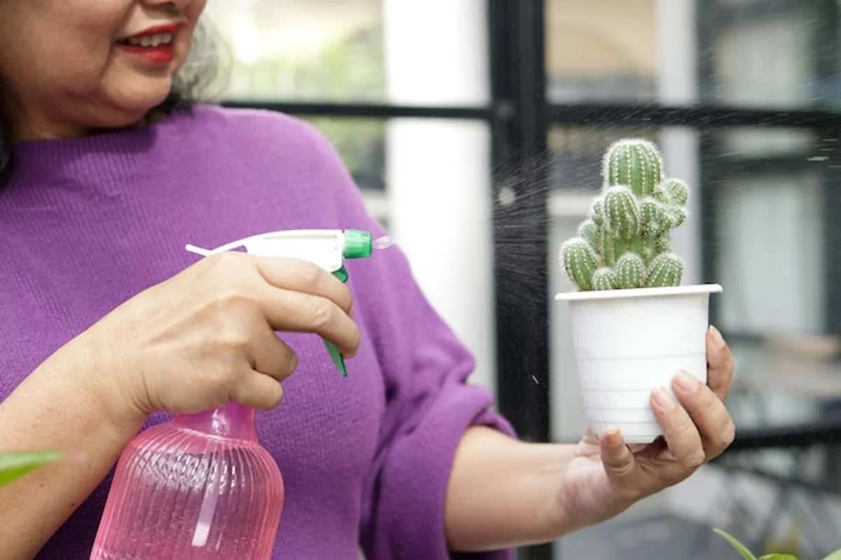 senior watering houseplants sunny room