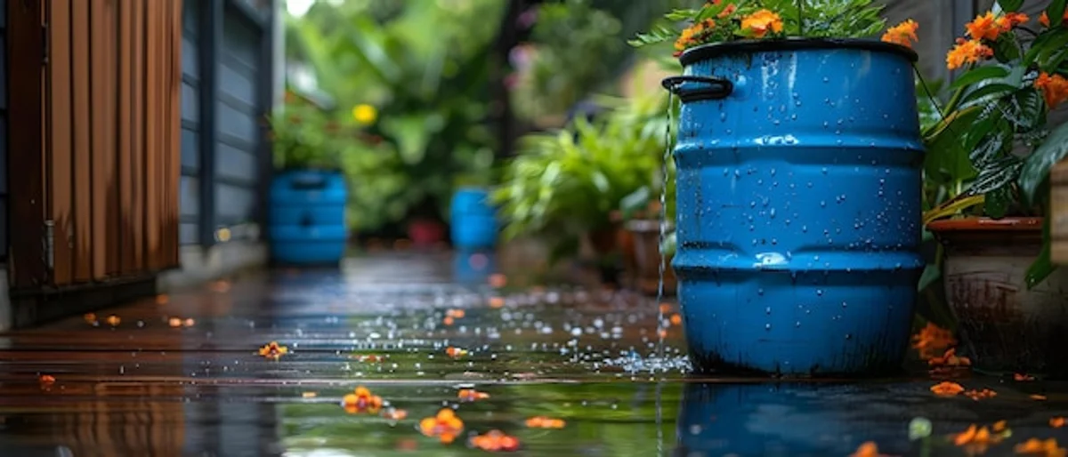 raindrops collecting in garden barrel rainwater reuse orchard