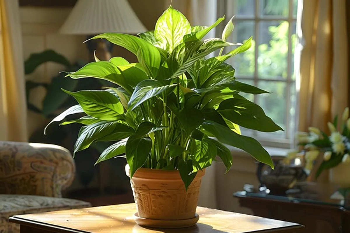 closeup air purifying indoor plants, living room window, coziness