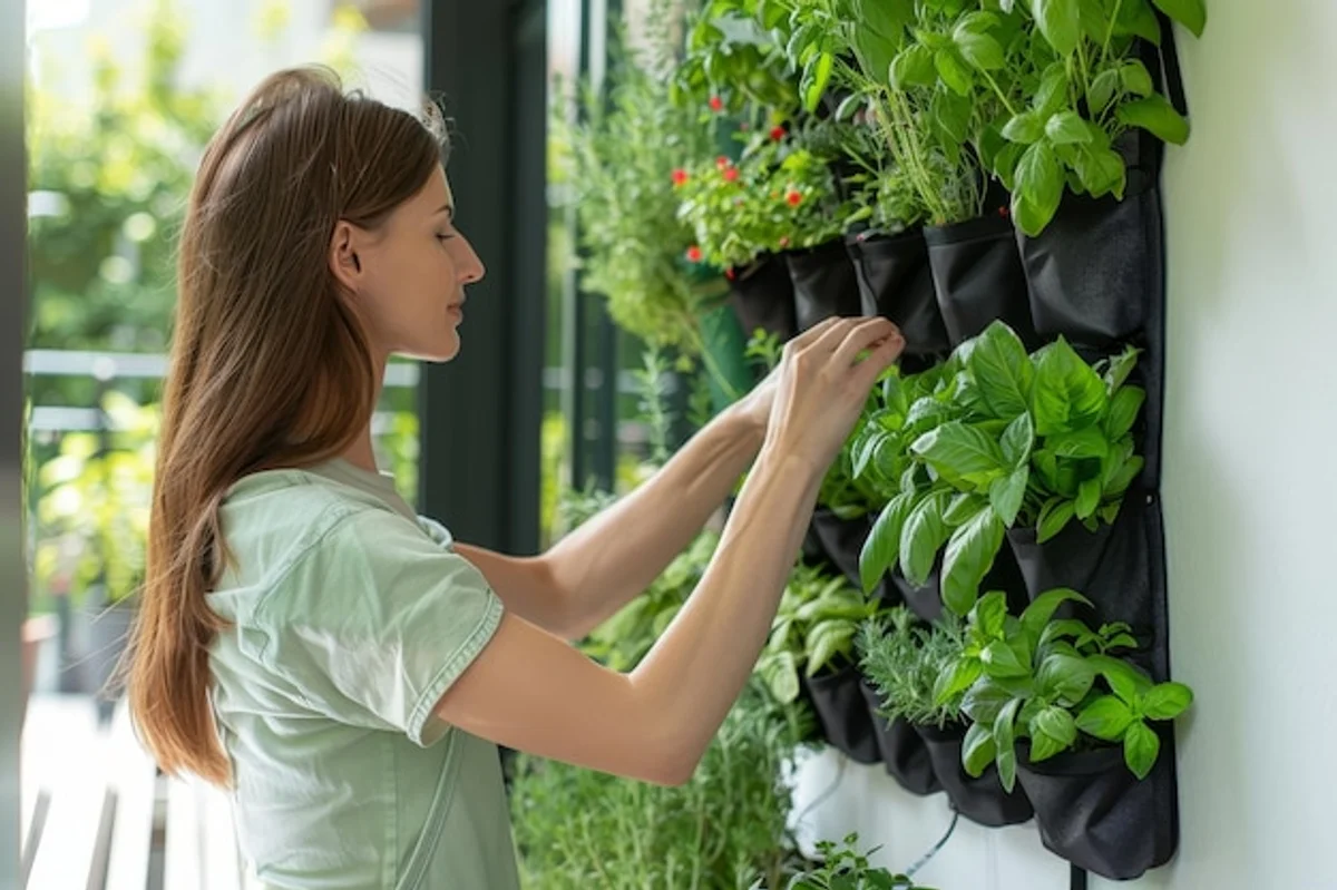 woman using recycled garden tool in urban garden