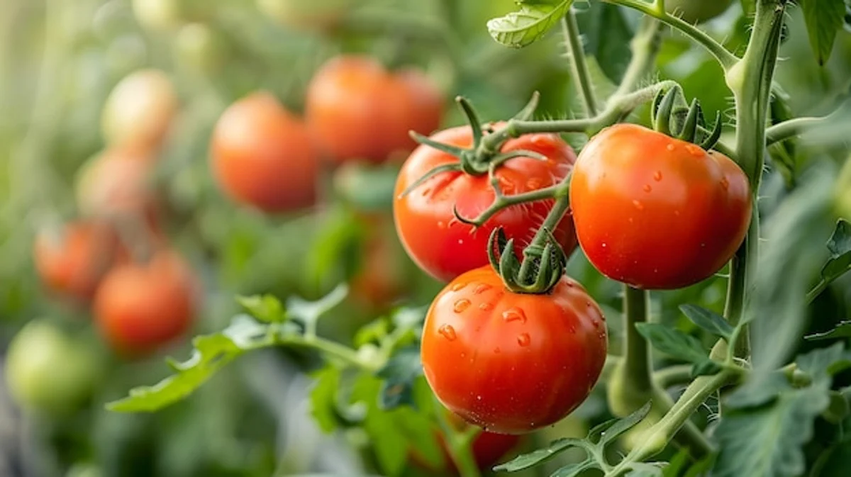 ripe tomatoes on plant daylight organic garden closeup