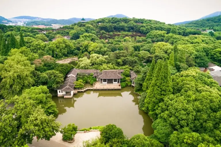 feng shui garden aerial view sunny day