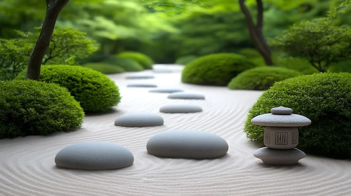 feng shui garden entrance with lush plants