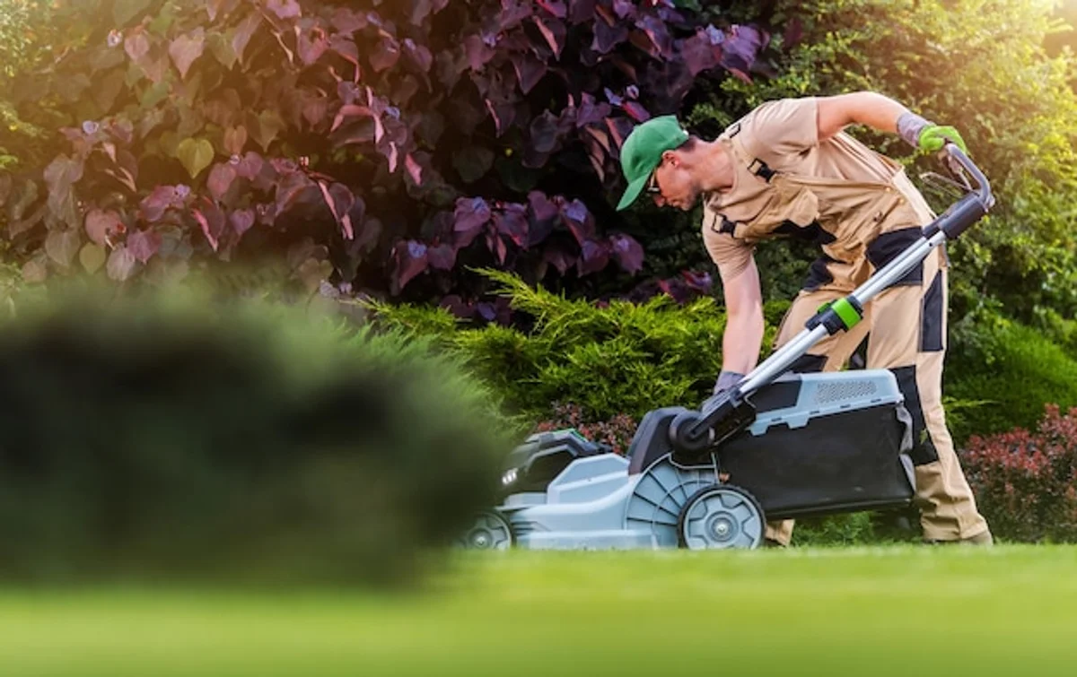 mulching lawn mower in use, eco-friendly gardening, backyard